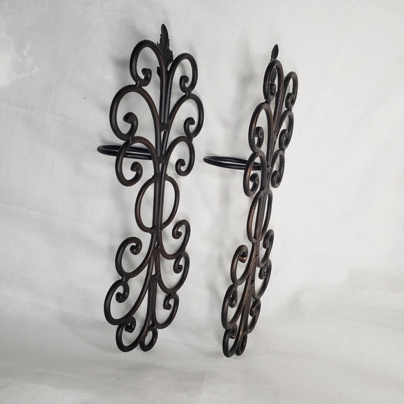 Two Vintage Scrolled Black Iron Wall Sconces Bronze Details - Picture 2 of 7